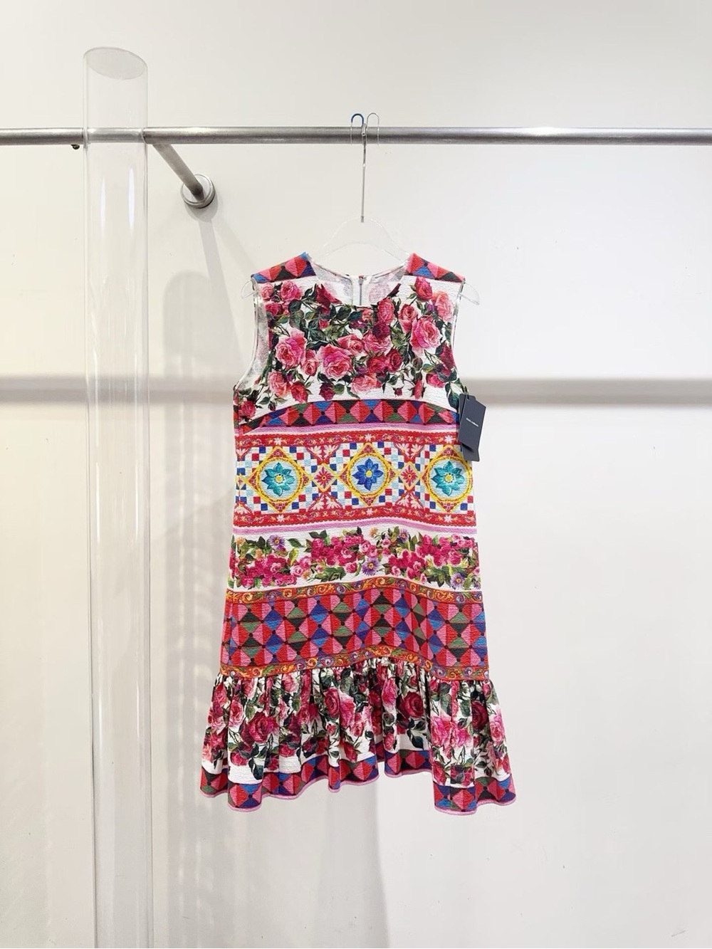 Dolce & Gabbana Pink Floral & Mosaic Print Ruffle Hem Dress
